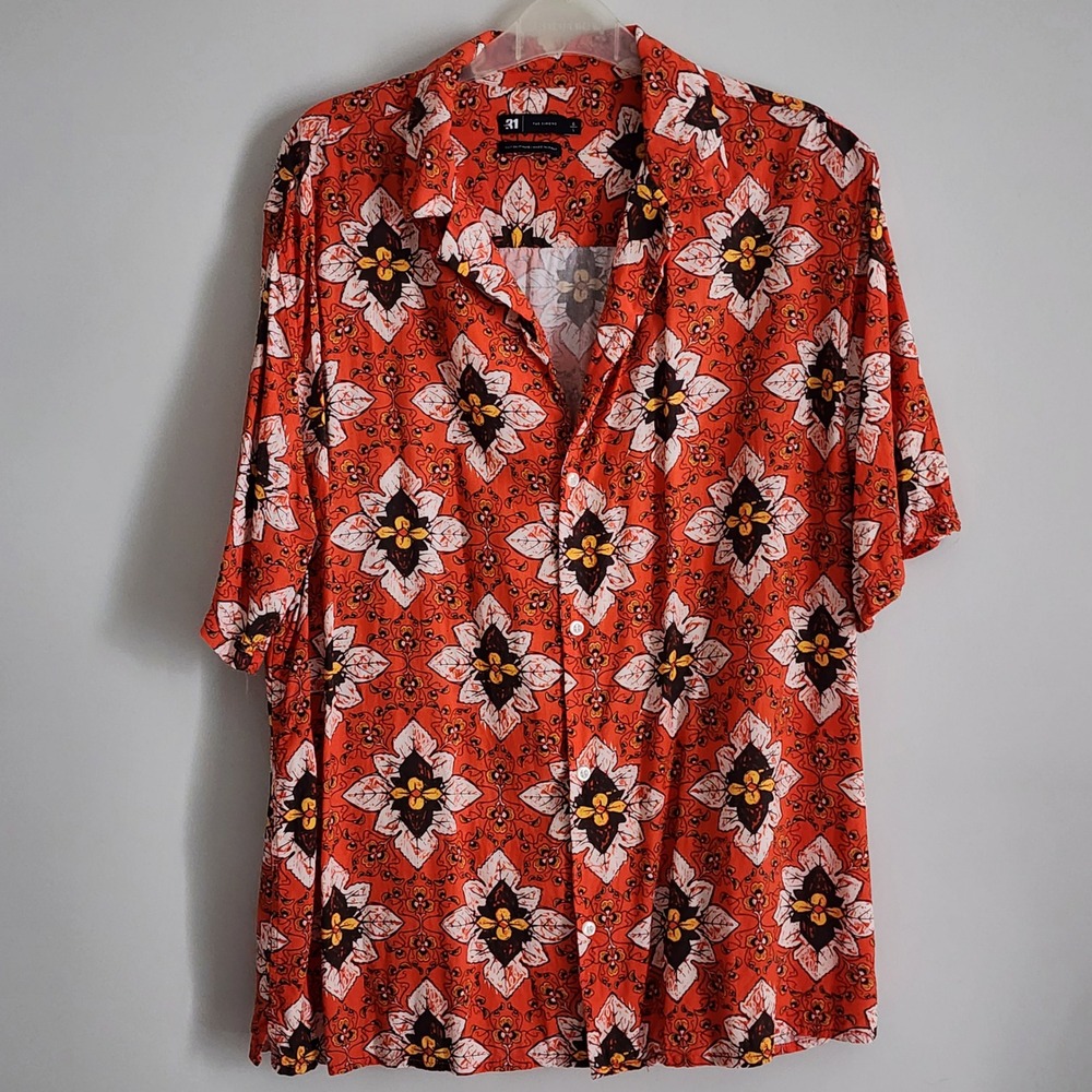 Le 31 Button Up Shirt Mens Large Orange Floral Made In Italy Tropical Vacation